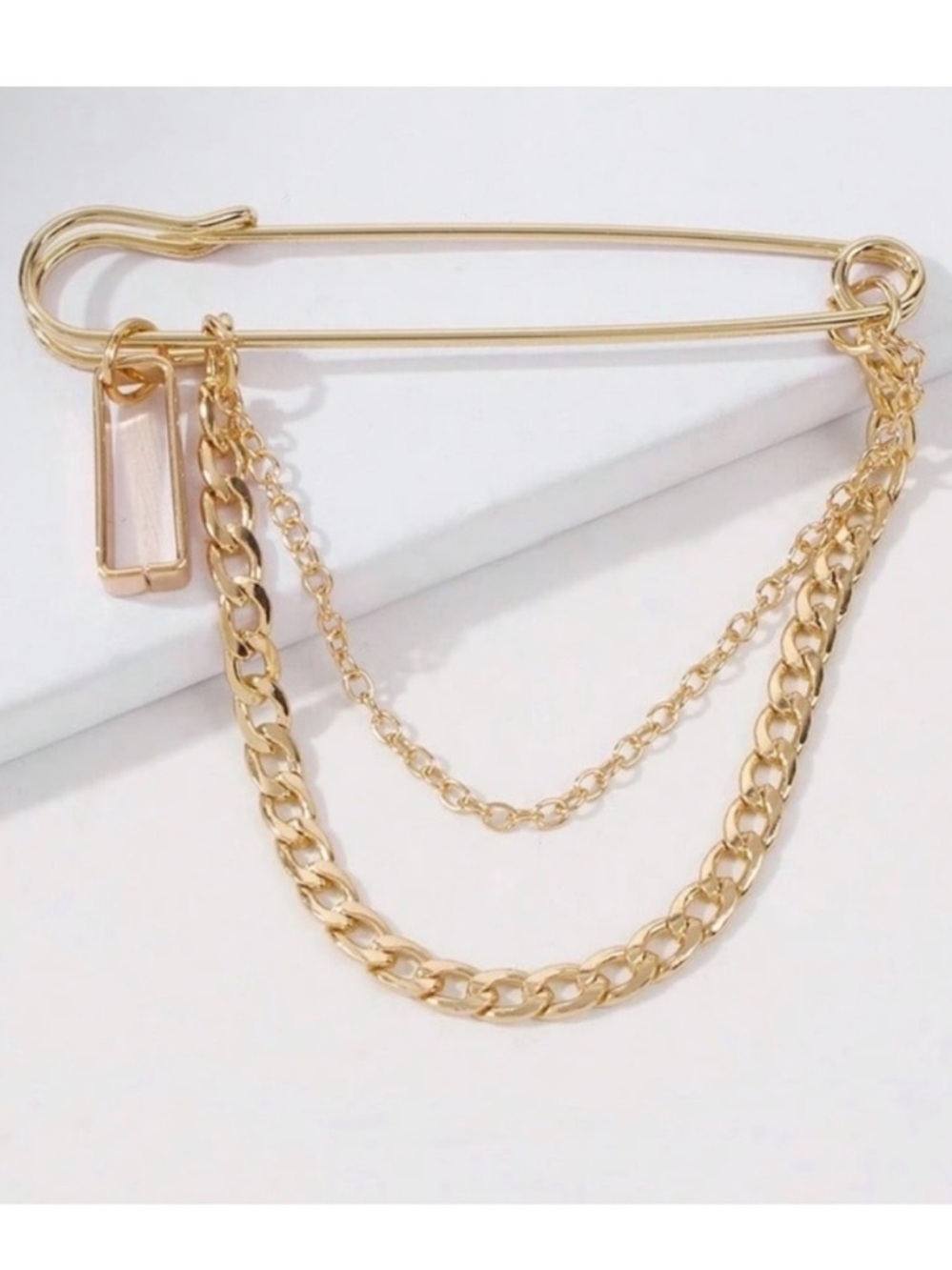Anthropologie Gold Safety Pin Brooch with Chain and Pink Crystal